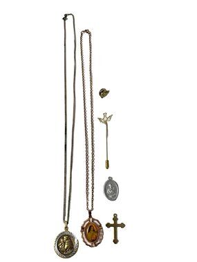 Vintage Religious Jewelry Lot Necklaces Medals Cross Angel Pin Catholic Mixed Lo